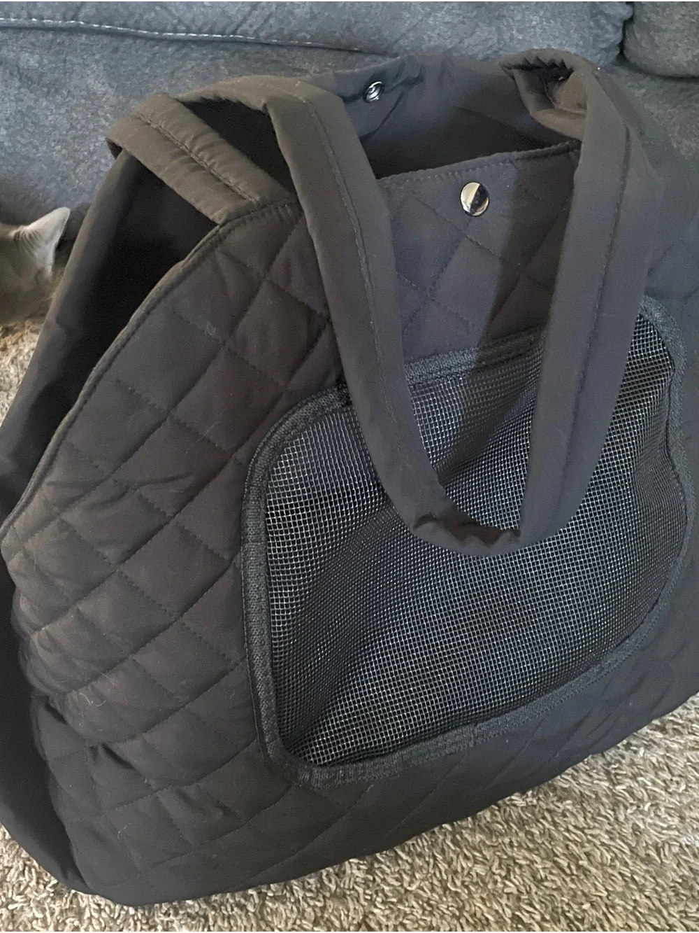 Quilted Black Pet Carrier Tote - Comfortable Travel Bag for small animals